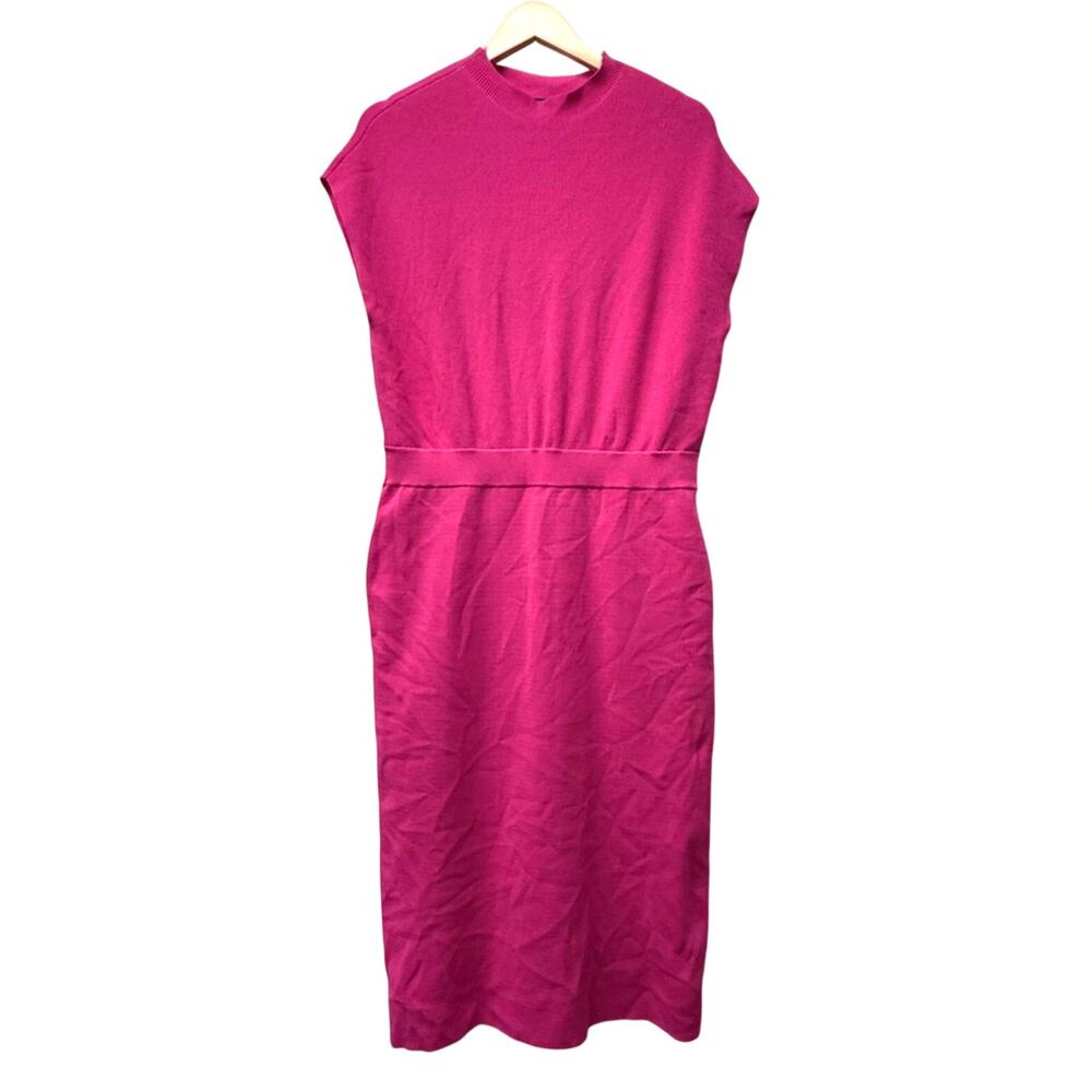ANN TAYLOR thick knit cap sleeve hot pink fuchsia barbie stretchy midi dress